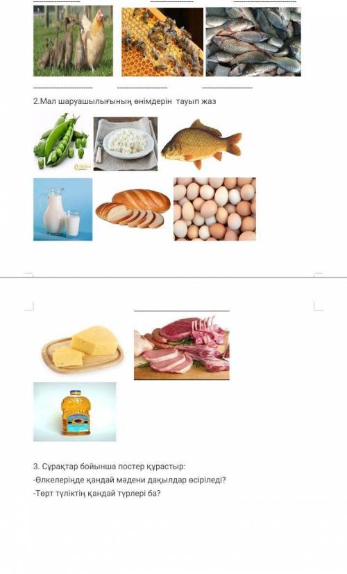1-тапсырма: Суреттердің астына малшаруашылығының қай саласына жататынын жаз! 2.Мал шаруашылығының өн