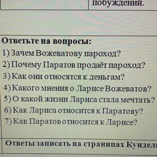 1. Зачем Вожеватову пароход? 2. Почему Паратов продаёт пароход? 3. Как они относятся к деньгам? 4. К