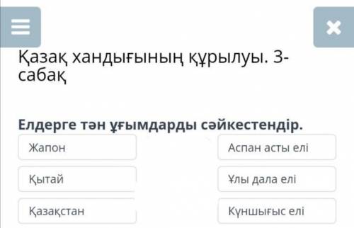 Қазақ хандығының құрылуы. 3-сабақ Елдерге тән ұғымдарды сәйкестендір.ЖапонҚытайҚазақстанАспан асты е