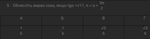 Обчисліть вираз cos a , якщо tg a=√11, π