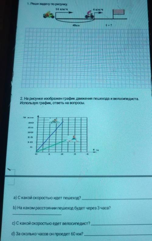 1. Реши задачу по рисунку. 16км 48км 4км/ч t=?2. На рисунке изображен график движения пешехода и вел