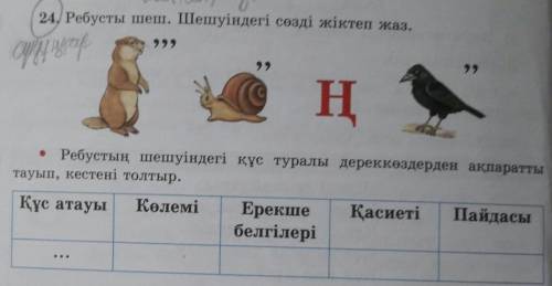 24/Ребусты шеш. Шешуіндегі сөзді жіктеп жаз. Ребустың шешуіндегі құс туралы дереккөздерден ақпаратты