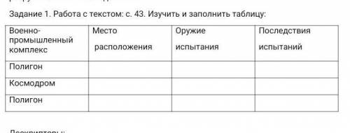 Задание 1. Работа с текстом с. 43. Изучить и заполнить таблицу ВоенноМестооружиеПоследствияпромышлен