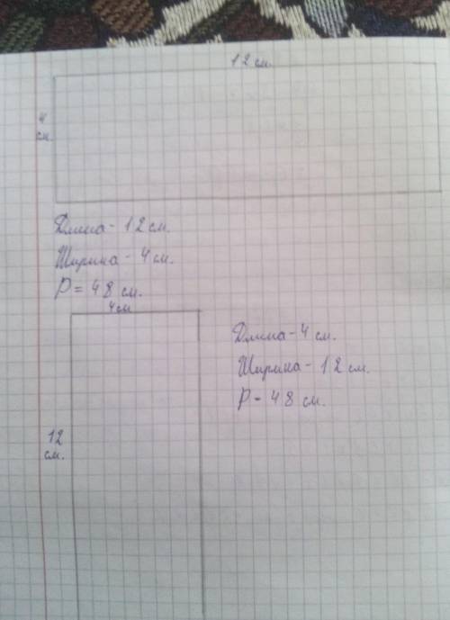 Начертить два прямоугольника со сторонами 4 и 12 см