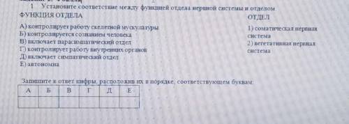 Задание 2. 1. Установите соответствие между функцией отдела нервной системы и отделом.ФУНКЦИЯ ОТДЕЛА