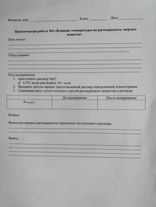 Практическая работа №4 «Влияние температуры на растворимость твердых веществ» Цель опыта: Оборудован