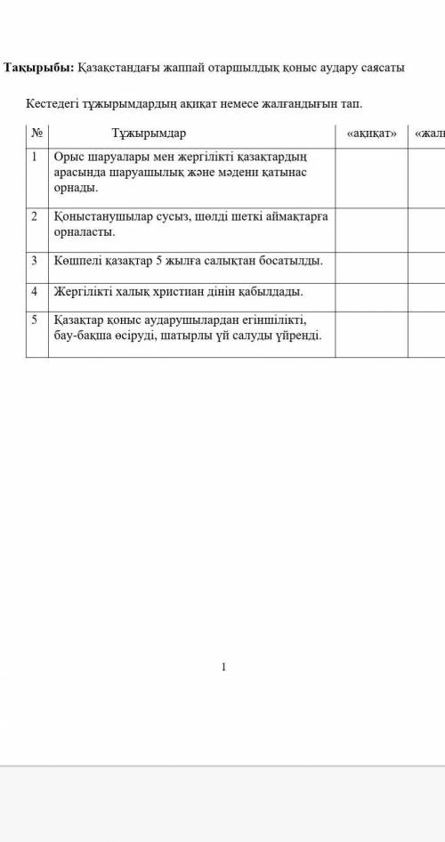 ​Қазақстандағы жаппай отаршылдық қоныс аудару саясаты  Кестедегі тұжырымдардың ақиқат немесе жалғанд