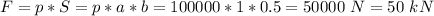 F = p*S = p*a*b = 100000*1*0.5=50000~N=50~kN