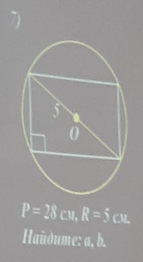 7)P = 28 см, R = 5 см. Найдите: a, b.