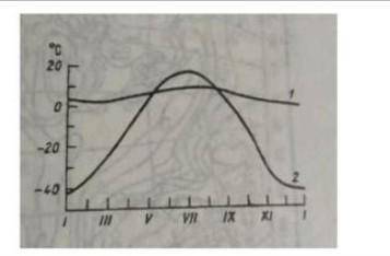 На рисунке приведен годовой ход температуры воздуха двух населенных пунктов, расположенных на одной