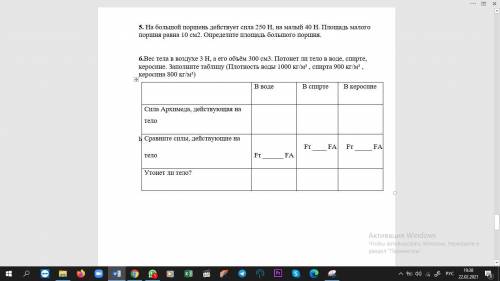 Вес тела в воздухе 3 Н, а его объём 300 см3. Потонет ли тело в воде, спирте, керосине. Заполните таб