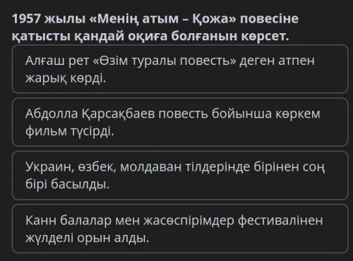 1957 жылы«Менің атым-Қожа» повесіне қатысты қандай оқиға болғанын көрсет.​