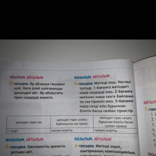 4-тапсырма. Мәтінді оқы. Кестен толтыр. 1-бағанға мәтіндегі жаңа сөздерді жаз. 2-бағанға мәтіннен жа