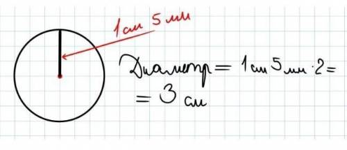 Начерти окружность радиусом 1см5мм и найди его диаметр