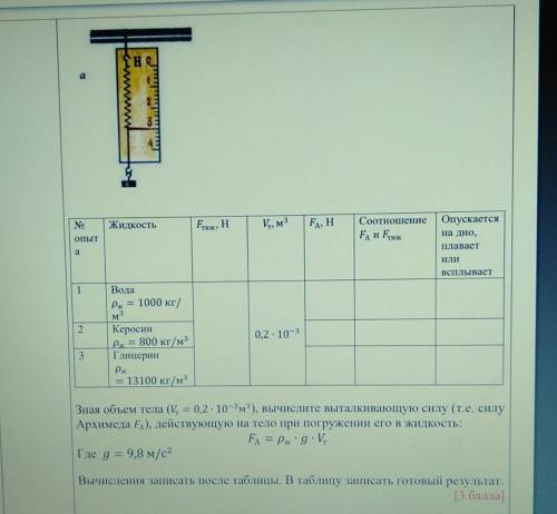 № опыт а Жидкость тяж, Н т ,м 3 А, Н Соотношение А и тяж Опускается на дно, плавает или всплывает 1