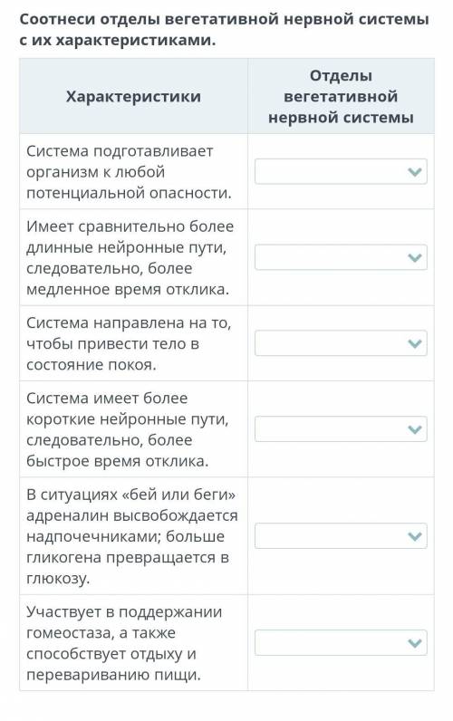 Соотнеси отделы вегетативной нервной системы с их характеристиками.​