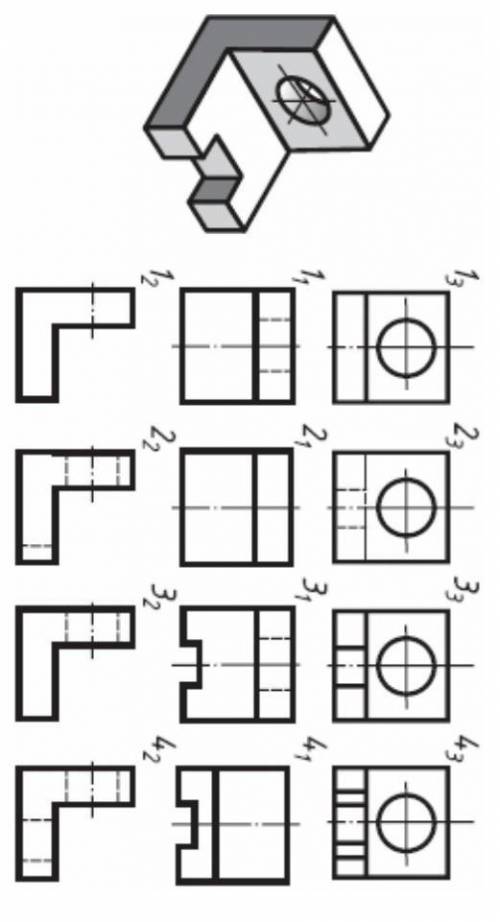 Дано наглядное изображение детали и ее проекции. соотнеси проекции с наглядным изображением и заполн