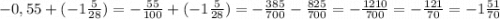 -0,55+(-1\frac{5}{28})=-\frac{55}{100}+(-1\frac{5}{28})=-\frac{385}{700}-\frac{825}{700}=-\frac{1210}{700} = -\frac{121}{70} = -1\frac{51}{70}