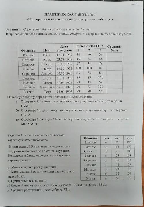 Практическая работа номер 7 сортировка и поиск данных в электронных таблицах в EXCELE