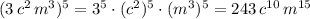 (3\, c^2\, m^3)^5=3^5\cdot (c^2)^5\cdot (m^3)^5=243\, c^{10}\, m^{15}