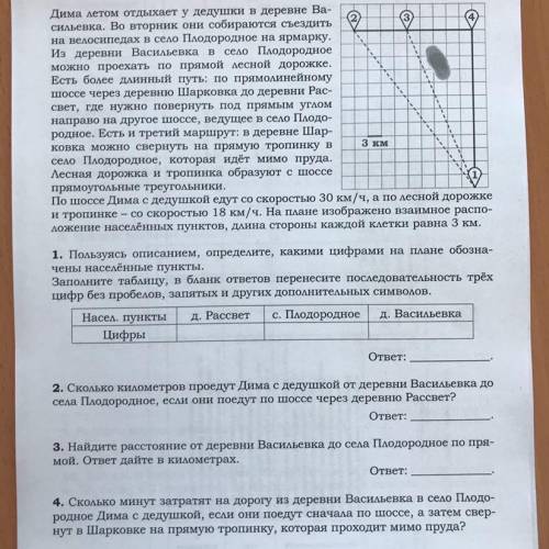 4. Сколько минут затратят на дорогу из деревни Васильевка в село Плодо- родное Дима с дедушкой, если