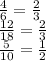 \frac{4}{6} = \frac{2}{3} \\ \frac{12}{18} = \frac{2}{3} \\ \frac{5}{10} = \frac{1}{2}