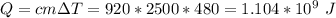 Q = cm\Delta T = 920*2500*480 = 1.104*10^9~J