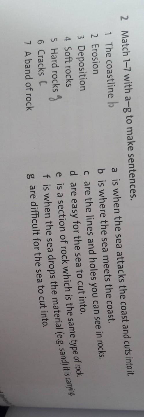 F is when the sea drops the material (e.g. sand) it is carrying. 2 Match 1-7 with a-g to make senten