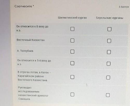 Соотнесите Шиликтинский курганБерельские курганыОн относится к 8 веку доН.Э.Восточный КазахстанА Тол