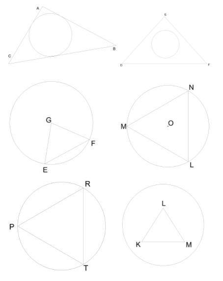 Найди треугольники, около которых описана окружность. KLM EFG DEF PRT MNL ABC