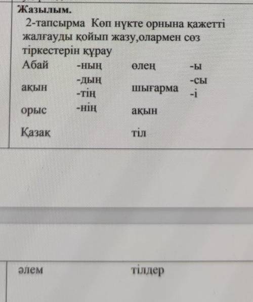 Жазылым. 2-тапсырма Көп нүкте орнына қажеттіжалғауды қойып жазу,олармен сөзтіркестерін құрауАбай -НЫ