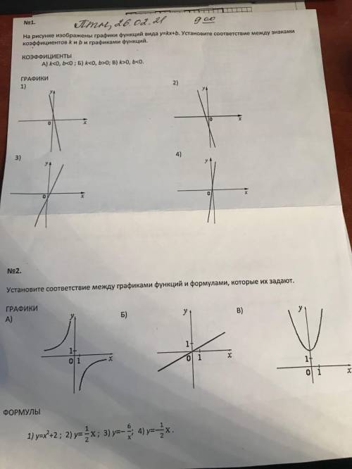 На рисунке изображены графики функций вида y=kx+b. Установите соответствие между знаками коэффициент