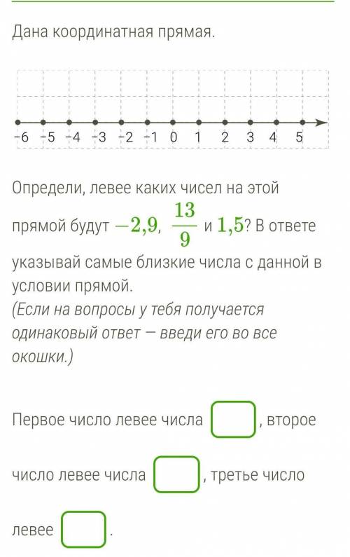 Определи, левее каких чисел на этой прямой будут −2,9,  139 и 1,5? В ответе указывай самые близкие ч