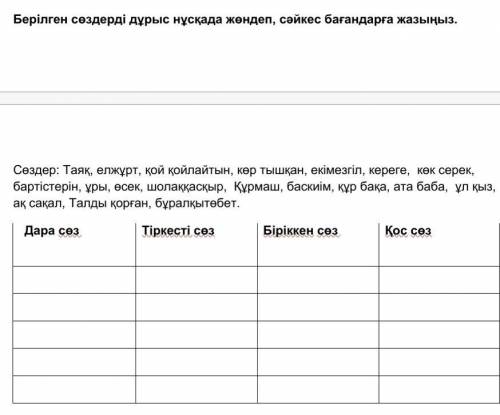 Берілген сөздерді дұрыс нұсқада жөндеп, сәйкес бағандарға жазыңыз. Сөздер: Ауыл үйдің, таяқ, елжұрт,