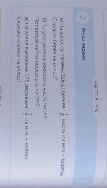 РАБОТА В ПАРЕ 2 Реши задачи.Вчасть из них – берёзы.а) На аллее высажены 126 деревьев.Сколько берёз н