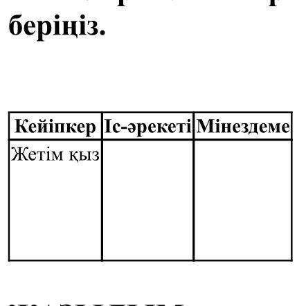 2-тапсырма. Шығармадағы басты кейіпкерге мінездеме беріңіз. [2] Кейіпкер Іс-әрекеті Мінездеме Жетім