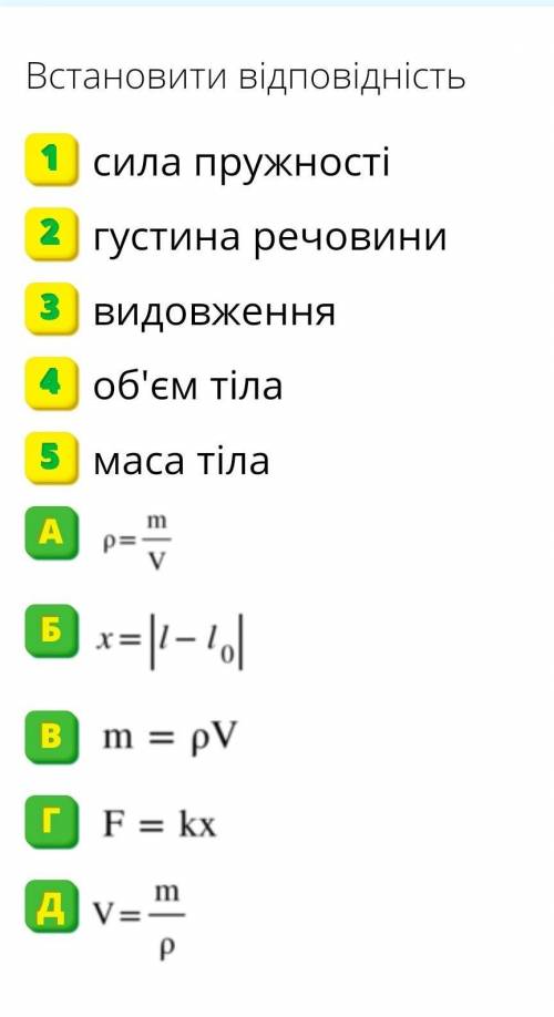 Встановити відповідність 1сила пружності2густина речовини3видовження4об'єм тіла5маса тілаА￼Б￼В￼Г￼Д