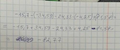 Условие задания: Определи значение выражения: -15,7 -(-34,59)-24,33-(-4,25)+(-81,58). ответ: ответит