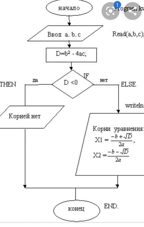 Составьте блок-схему алгоритма квадратного уравнения.