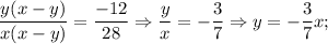 \dfrac{y(x-y)}{x(x-y)}=\dfrac{-12}{28} \Rightarrow \dfrac{y}{x}=-\dfrac{3}{7} \Rightarrow y=-\dfrac{3}{7}x;