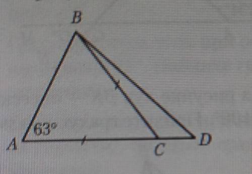 На рисунке угол А=63 градуса, АС=ВС. Найдите градусную меру угла ВСD​
