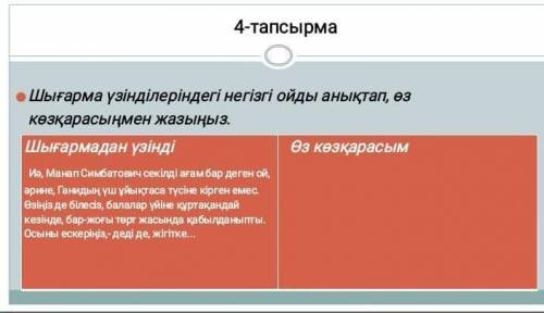 4-тапсырма.шығарма үзінділеріндегі негізгі ойды анықтап, өз көзқарасыңмен жазыңыз​