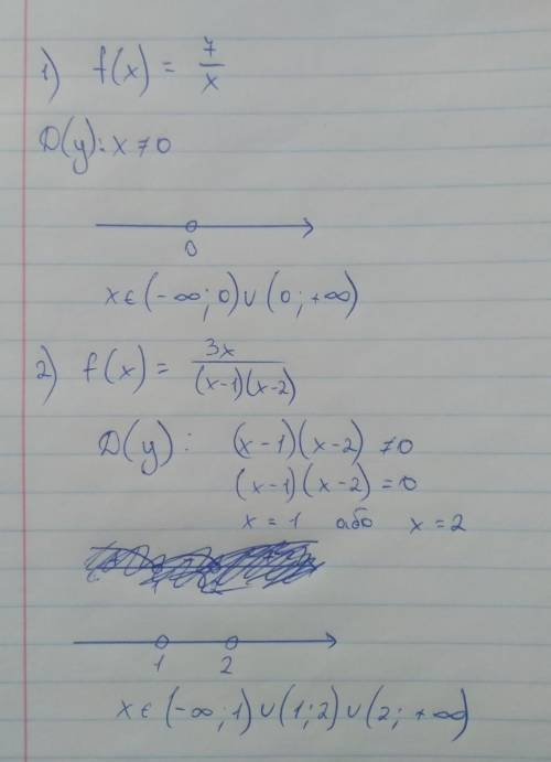 Знайти області визначення функції f(x)=7/xf(x)=3x/(x-1)(x-2)​