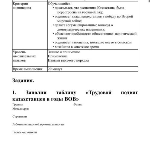 Заполни таблицу «Трудовой подвиг казахстанцев в годы ВОВ» Группы Факты Металлурги Строители Работник