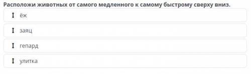 Расположи животных от самого медленного к самому быстрому сверху вниз. гепард заяц ёж улитка