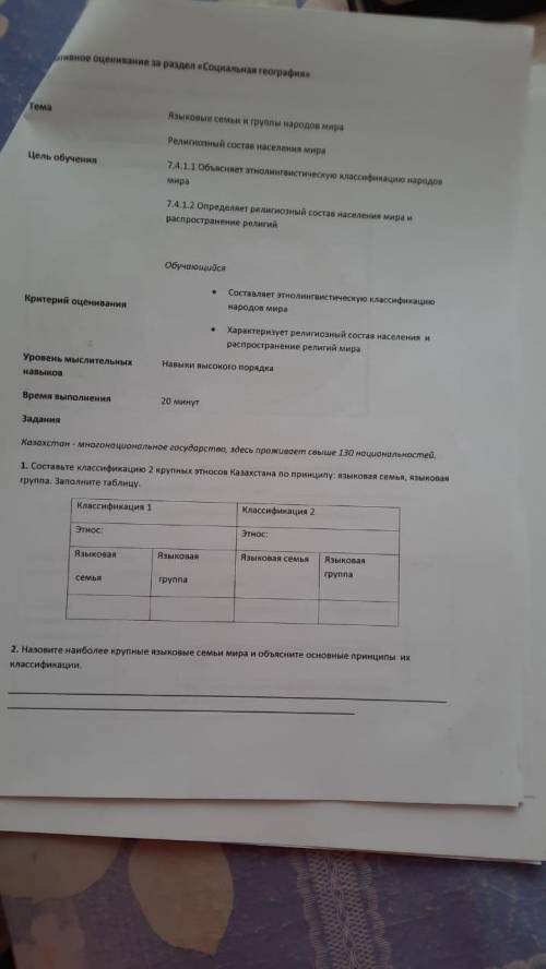 Составьте классификацию 2 крупных этносов Казахстана по принципу: языковая семья, языковая группа