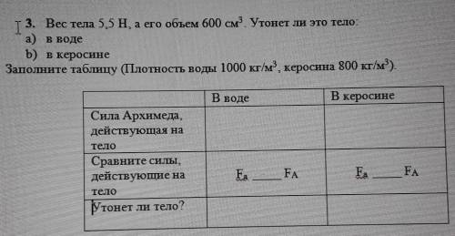 3. Вес тела 5,5 Н, а его объем 600 см3. Утонет ли это тело: a) в воде b) в керосинеЗаполните таблицу