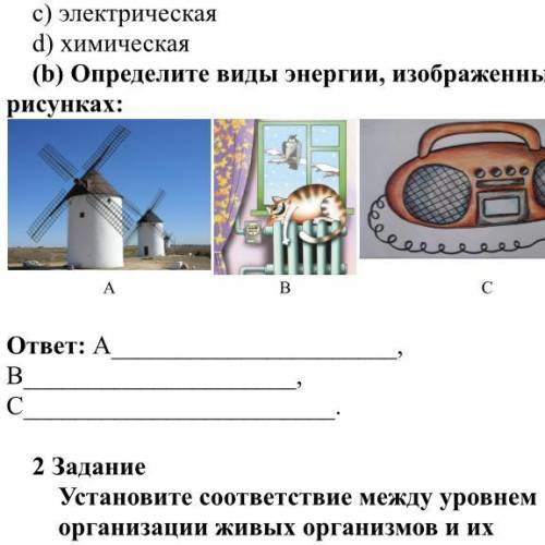 (b) Определите виды энергии, изображенные на рисунках: А В С ответ: A, B,​ C.