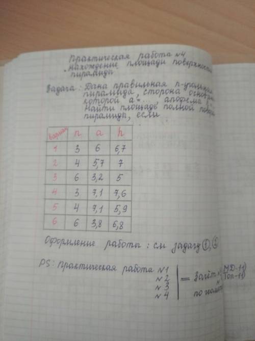 РЕБЯТА ГЕОМЕТРИЯ Дана правильная п-угольная пирамида сторона основания которой а=7,1 апофема h=7,6 Н