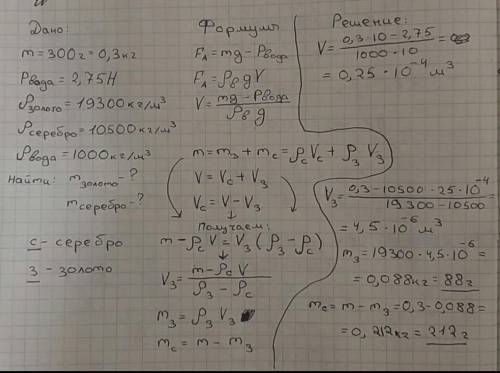 Злиток золота і срібла має масу 300 г при зануренні у воду його вага становить 2.75н визначити масу